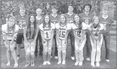 The Cheney High School homecoming queen candidates are, front from left, Grace Doss, Aseel Albawardi, Jailyn Adolph, Alexis Bittner, Ada Meyer and Raegen Black. The king candidates are, back from left, Grady Ditgen, Stratton Young, Jack Voth, Colter McDaniel, Kason Messenger and Deitric McDaniel.