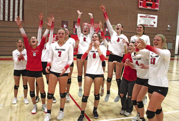 The Conway Springs Cardinals celebrate their Class 2A substate volleyball championship, won at home over St. Mary’s-Colgan. The Cardinals are making their first trip to State since 2005. See more in Sports, starting on Page B1. Travis Mounts/TSnews