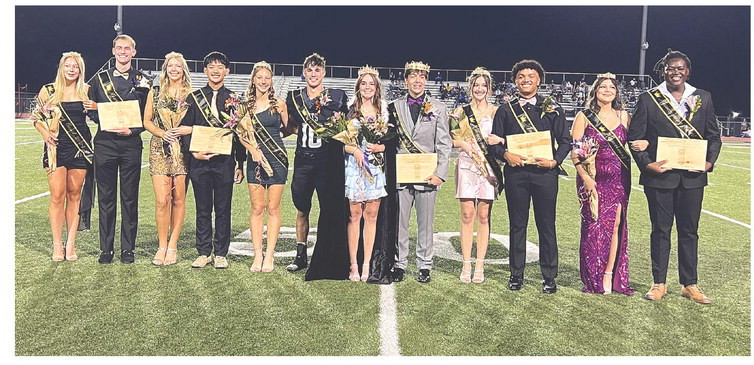 ABOVE: The Campus High School homecoming court pictured at last Friday’s coronation, which took place at halftime of the football game. BELOW: The homecoming candidate couples were, from left, Jeanette Barrera and Denton Dice, Savannah Bockelman and Landon Brown, Sophie Allen and Jaylon Creech, Kehlen Craig and Shawn Ho, Cerina Brandt and Patrick Balirigi, and Grace Black and Lukas White. Stephanie McKennon/TSnews