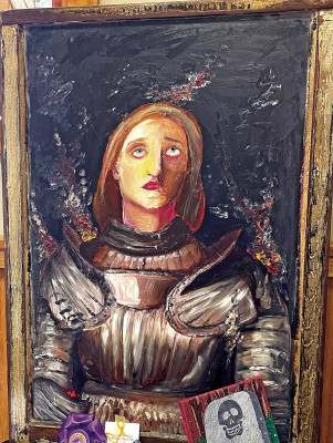 This painting of Joan of Arc was named a grand champion at this summer’s Sumner County Fair. It was painted by Kayleigh Miller on a window salvaged from the old Caldwell High School. Travis Mounts/TSnews