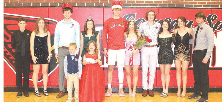 ABOVE: Conway Springs High School capped winter homecoming week on Friday with the crowning of the king and queen, Nash Johnsen and Melissa Ebenkamp. BELOW: This year’s winter homecoming king and queen candidates were, from left, Nathan Berntsen and Melissa Ebenkamp, Alex Hekel and Janel Meyer, Nash Johnsen and Kaley Perkins, and Riley Johnson and Natalie Doffing. Travis Mounts/TSnews