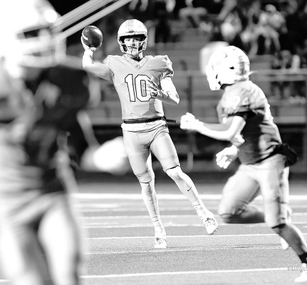 Eisenhower quarterback Derek Morgan looks downfield for an open receiver during the Tigers’ home playoff victory against Maize South. Eisenhower will face Topeka Seaman in a 5A playoff game on Friday. Matt Bucher/Ginger Viking Fotos