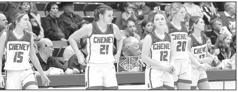 ABOVE: Cheney players Karli Inslee, left, Regan Hedstrom, Rachel Rosenhagen, Erika Block and Karstyn Inslee come into the game during the second half against Goodland.