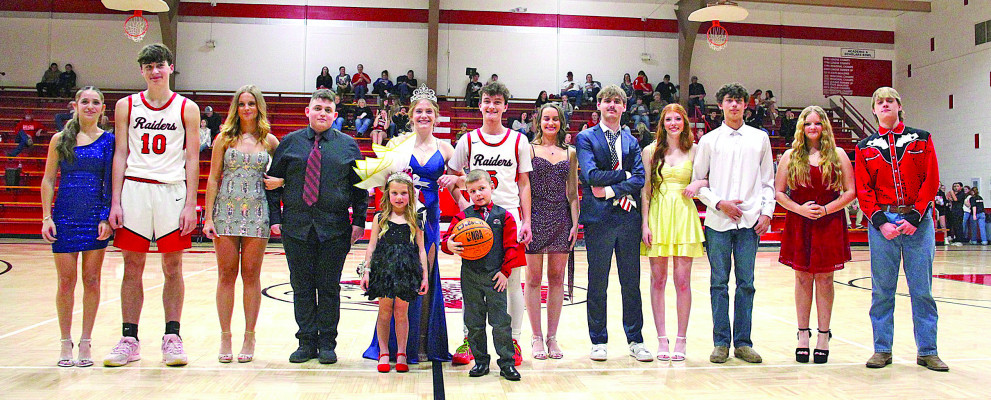 ABOVE: The winter homecoming court at Argonia High School. Coronation was held between Friday’s girls and boys basketball games. Autumn Coleman and Jackson Kollmeyer were named as king and queen. BELOW: The hoemcoming candidate couples were, from left, Ambrea Cessna and Levi Miller, Autumn Coleman and Rhett Ragan, and Kara Jones and Jackson Kollmeyer. Lindsay Coleman, Linden Greve, Ashlyn Vaughn/Argonia High School