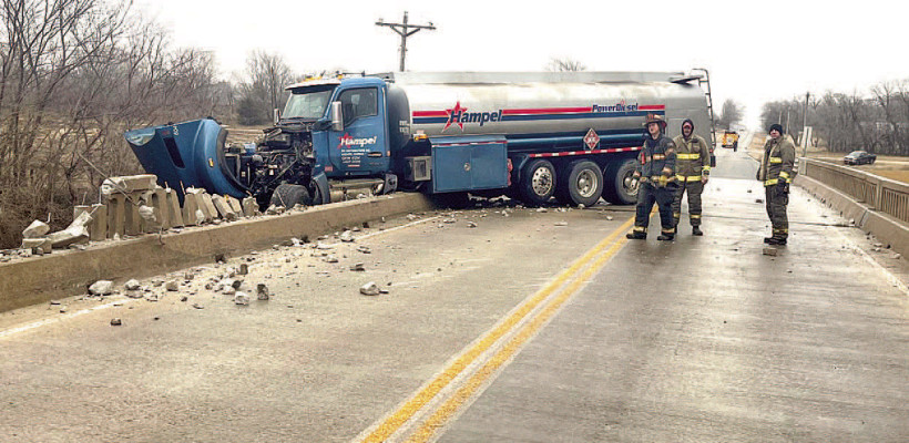 A fuel truck lost control on an icy MacArthur Road in early January 2025, sliding into the south railing on the Ninnescah River bridge near 343rd Street West, near Cheney. The railing and the truck suffered significant damage, and it was reported that the driver suffered minor injuries. Sedgwick County Sheriff/Contributed photo