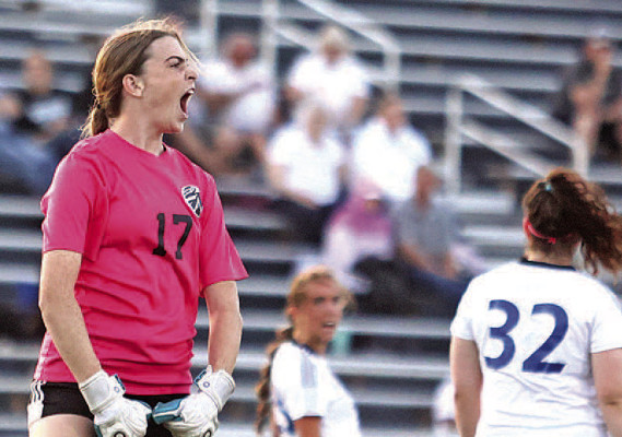 Goddard goalkeeper Brinley Hedden yells after making a critical save at Campus last week. Stephanie McKennon/TSnews