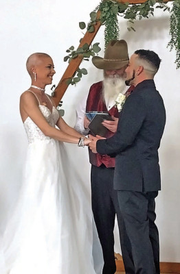 Esther (Farrell) Furches and Nathan Furches exchange vows on Saturday. Esther is battling cancer for a second time. A fundraising effort paid for the wedding for the longtime couple, and a dream trip to Italy is being planned. Contributed photo