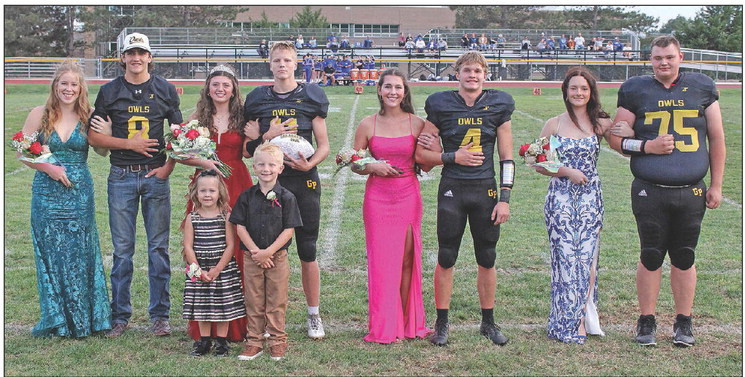 ABOVE: The members of the Garden Plain High School homecoming court stand at midfield following Friday night’s coronation, which capped a week of activities. BELOW: The candidate couples were, from left, Hailey Brack and Hunter Kampling, Cate Dugan and Cole Green, Cally Koester and Jack Helten, and Alyssa Scheer and Trevor Catlin. Scheer and Catline were revealed as this year’s homecoming queen and king. Travis Mounts/TSnews