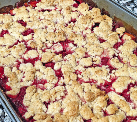 Berry pie bars mimic a great, fruit pie taste without having to roll out any dough. While the original recipe called for blackberries, it’s delicious to use raspberries or mulberries, too.