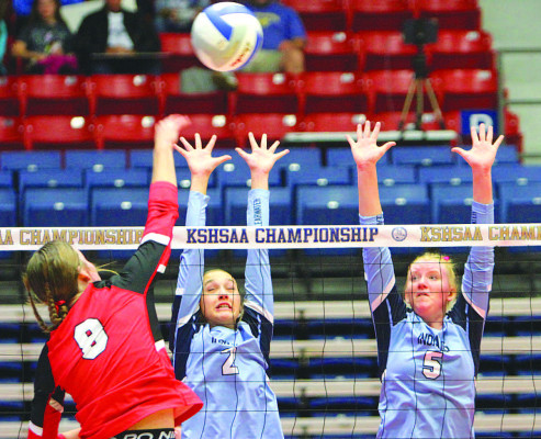 Clearwater blockers Kynlee Martin (2) and Trista Welty (5) try to stop an attempted kill during the Indians’ first match against Concordia last Friday at the Class 4A State tournament in Hutchinson. Travis Mounts/TSnews