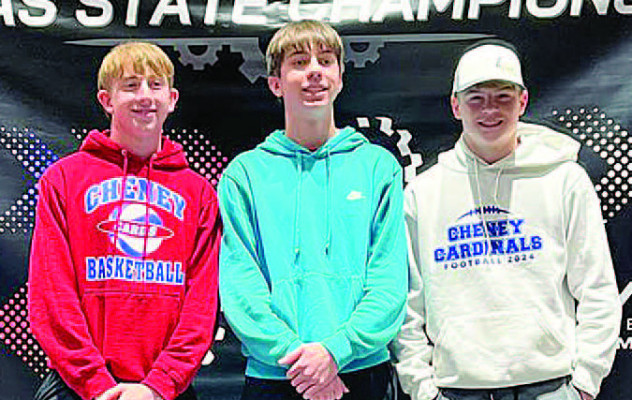 Casen Fowler, Eli Albers and Maddox Ayres are the first Cheney High School students to qualify for the Vex World Robotics Championship in Dallas. The competition will take place in May. Contributed photo