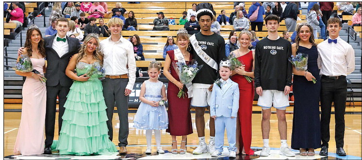 ABOVE: Eisenhower High School celebrated winter homecoming on Tuesday, Feb. 10. Coronation was held between the Tigers’ varsity girls and boys games against the Goddard Lions, where Romari Howard and Esther Eddington were crowned as king and queen. BELOW: The homecoming candidate couples were, from left, Taylor Brown and Owen Dent, Esther Eddington and and Brennan Douglas, Bella Hunt and Jake Hamm, Reese Knudson and Romari Howard, and Bria McKendrick and Owen Stanberry. Matt Buchar/Ginger Viking Fotos