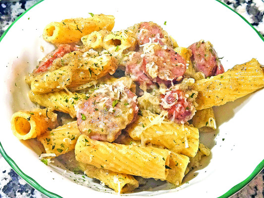 Creamy pumpkin pasta can be made with canned or fresh pumpkin puree and features sage and garlic, along with parmesan cheese to create a delicious, fall-flavor-filled dinner.