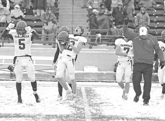 With yells and fingers pointed up, the Conway Springs Cardinals celebrate their State championship victory over the Jefferson County North Chargers. It was the first time the Cardinals have won the Class 1A State title, and it was their eighth title in school history. That ranks them among the most successful football programs in Kansas history. Stephanie McKennon/TSnews