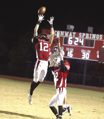Taylor Wykes makes an interception against Medicine Lodge during Conway Springs’ substate victory. He made two fourth-quarter interceptions. Stephanie McKennon/TSnews