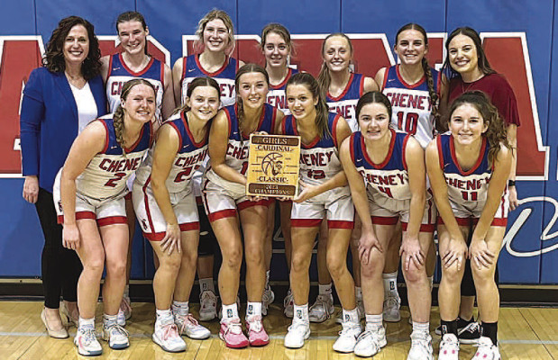 The Cheney Cardinals celebrate their victory in last week’s Cardinal Classic. It was the team’s first win in its home tournament since 2020. Contributed photo