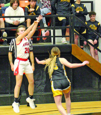 Tori Morrison attempts a 3-point shot during Argonia’s win over Cedar Vale-Dexter. Sarah Vineyard/Contributed photo