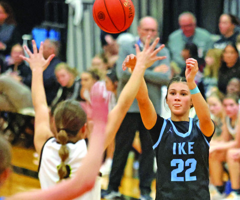 Eisenhower freshman Harper Bailey puts up a shot over the Campus defense during the Tigers’ road win in Haysville on Dec. 9. Stephanie McKennon/TSnews