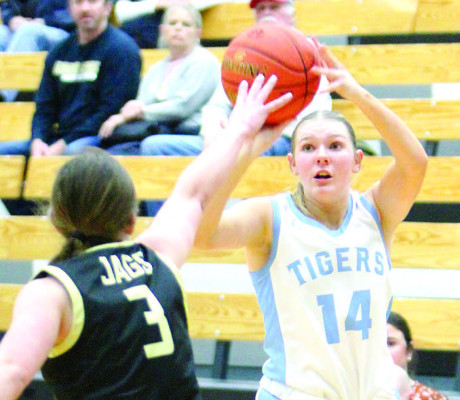 Catherine Eddy eyes a 3-point basket during Eisenhower’s homecoming game against Andover Central on Friday. Eddy made the shot, but the Tigers lost the game. Travis Mounts/TSnews