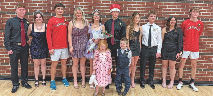 ABOVE: Winter homecoming week wrapped up last Friday at Conway Springs High School, as Sydney Zoglmann and Colton Friess were crowned as queen and king. BELOW: The homecoming candidate couples were, from left, Eli Benge and Macie Hartman, Colton Friess and Hayley Pauly, Connor Koster and Sydney Zoglmann, and Nolan Warren and Madelyn Stevens. Stephanie McKennon/TSnews