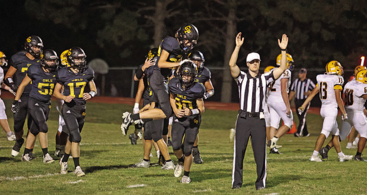 The Garden Plain Owls celebrate a touchdown during their homecoming victory over the Belle Plaine Dragons. The Owls improved their record to 2-2 and, more importantly, started district play with a 1-0 record. Stephanie McKennon/TSnews