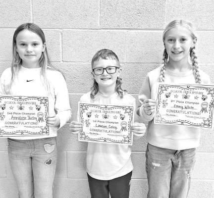 Lawson Coley, center, was the winner at the recent Argonia Elementary School spelling bee. Annaliese Shirley, at left, placed second, and Emmy White finished third. Coley and Shirley will represent AES at the Sumner County Spelling Bee in February, while White will be the alternate. Contributed photo