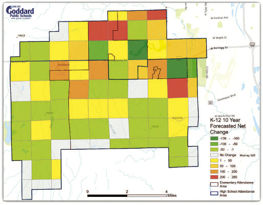 This map from Goddard Public Schools shows projected student population changes through 2033. Red represents the highest growth areas, with yellow and orange showing minor growth. Light green shows minor loss, and dark green represents significant loss. Gray indicates no significant change. Contributed image