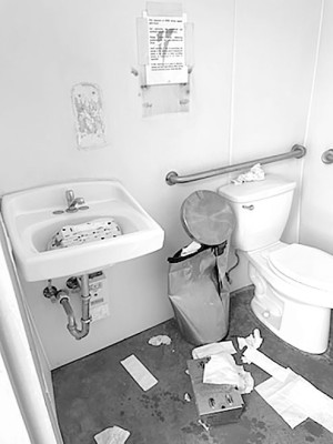 This bathroom was recently vandalized at Plagens-Carpenter Park in Haysville. Several parks have been vandalized recently. The city is asking for the public’s help in identifying suspects. Contributed photo