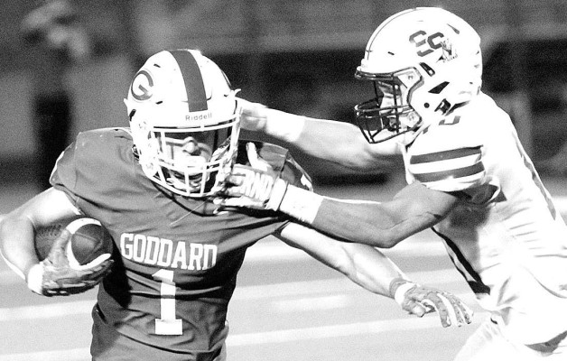 Erik Olivas shrugs off a Salina South tackler during Goddard’s home win last Thursday. Travis Mounts/TSnews
