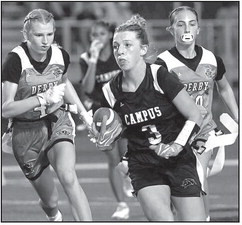 Campus High’s Reese Storm runs away from two Derby defenders during the Colts’ home win last week. Contributed photo