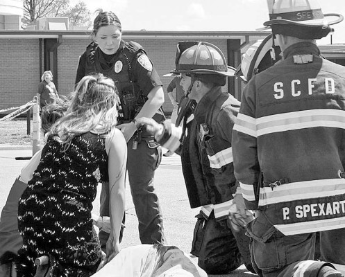 Campus High School hosted a mock crash last Thursday to educate students about the serious consequences of impaired and distracted driving. The event was for junior and senior students. The event was organized in collaboration with FCCLA, CHS Drama, Sedgwick County Fire, Sedgwick County EMS, and other local first responders. The mock crash was part of an FCCLA STAR project. Sedgwick County Sheriff’s Office/ Contributed photo
