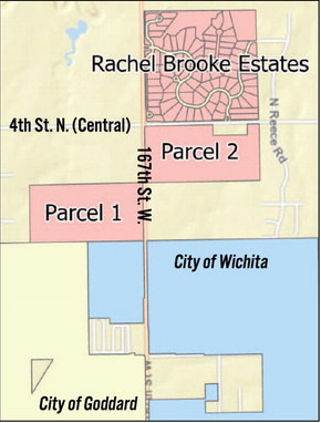 This map shows the proposed annexations for the City of Goddard, as well as the current location of the City of Goddard (yellow) and the City of Wichita (blue). Contributed image