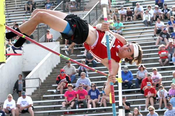 Conway Springs’ Zach Johnson completes at attempt at the State track meet. He placed fourth in the event in Class 2A last weekend. Travis Mounts/TSnews