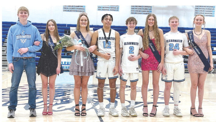 ABOVE: Winter Royalty was celebrated last Friday at Clearwater High School. The queen and king were Elizabeth Tjaden and Brayden Bergkamp. BELOW: The Winter Royalty candidate couples were, from left, Brayden Bergkamp and Eva Lewis, Collin Streit and Elizabeth Tjaden, Jaeden Fisher and Alli Clevenger, and Zach Kirby and Ella Berntsen. Stephanie McKennon/TSnews