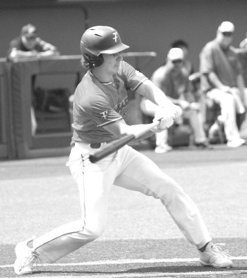 Max Brown takes a swing during last week’s National Baseball Congress World Series at Wichita State’s Eck Stadium. Brown, a former member of the Eisenhower Tigers, was playing for Air Capital Flyers. He attends Drury University in Springfield, Missouri. The Flyers, who play in Wichita, were eliminated during the final day of pool play on July 30. Dale Stelz/TSnews
