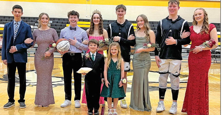 ABOVE: Last Friday, the Garden Plain Owls celebrated winter homecoming, where Kora Rex and Tate Nelson were selected as queen and king. BELOW: The winter homecoming candidate couples were, from left, Cayden Grommesh and Kinsley Gordon, Max McGregor and Kora Rex, Tate Nelson and Lyndsee Ricke, and Brady Brack and Jaden Stuhlsatz. Stephanie McKennon/TSnews