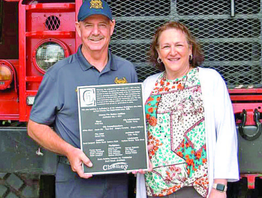 Jerry Peitz, pictured with his wife, Shari, is retiring as the Cheney Fire Department chief and as the City of Cheney’s maintenance supervisor. They are pictured at the dedication of the fire department expansion. Cheney Fire Rescue/Contributed photo