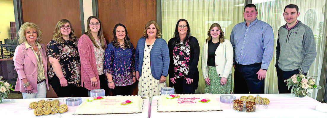Denise Worley is joined by co-workers at her retirement party at the end of February. She worked at both of Conway Springs’ banks over most of the past 44 years. Contributed photo