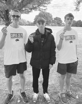 Campus cross country runners Kaleb Arneson, Brody Bloom and William Groh earned medals at the Ark Valley Chisholm Trail League Div. I meet on Saturday. Contributed photo