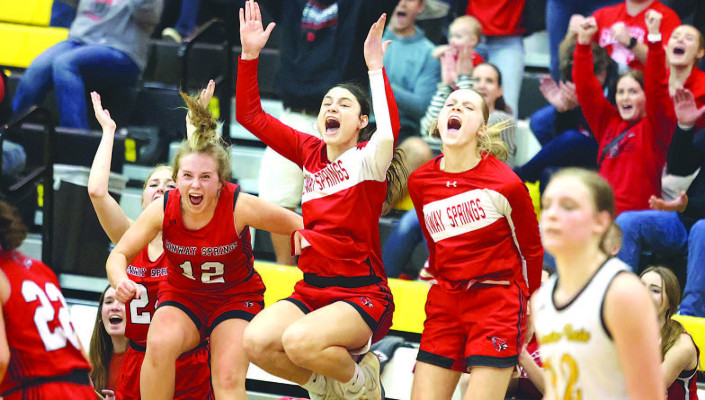 Conway Springs players celebrate the go-ahead basket at the end of Friday’s game at Garden Plain. Stephanie McKennon/TSnews