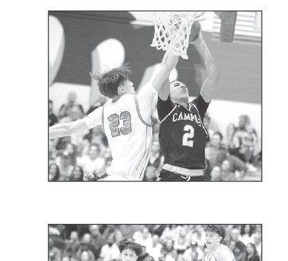 Stephanie McKennon/TSnews ABOVE: Kaason Thomas drives to the hoop for 2 points during Campus’ substate championship win over rival Derby. BELOW: Chris Caballero works his way around the defense.