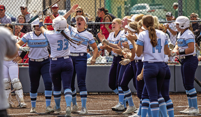 The Clearwater Indians celebrate Liv Miller’s home run during last Thursday’s win over previous champion Wamego in the opening round of the Class 4A State softball tournament. A year ago, Wamego beat Clearwater in a 17-inning, 1-0 game. Makayla Wassenberg/MLW Photography