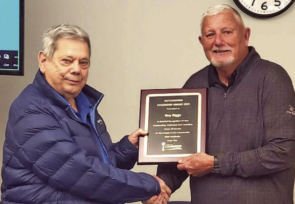 Roy Riggs, left, was recognized as Clearwater Citizen of the Year in December by Mayor Burt Ussery. Contributed photo
