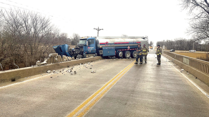 A fuel truck lost control on an icy MacArthur Road on Saturday afternoon, sliding into the south railing on the Ninnescah River bridge near 343rd Street West, near Cheney. The railing and the truck suffered significant damage, and it was reported that the driver suffered minor injuries. Sedgwick County Sheriff/Contributed photo