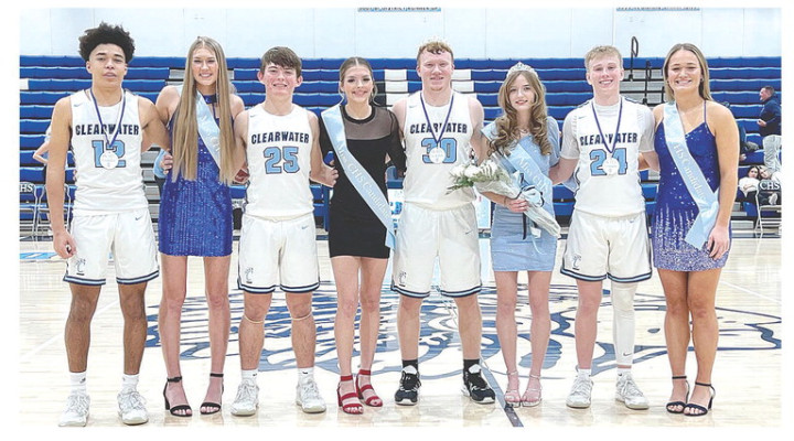 The Mr. and Miss CHS coronation was held last Friday after the Clearwater Indians’ varsity basketball games. The court is pictured above. Below from left are Brayden Bergkamp and Allison Clevenger, Weston Burford and Harley Coen, Aiden Snell and Alivia Hanes, and Zach Kirby and Elizabeth Tjaden. Snell stood in for Mr. CHS candidate Rocky Hennes, who was unable to attend the ceremony. Stephanie McKennon/TSnews