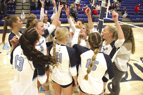 The Clearwater Indians celebrate their 4A substate championship, earned with a two-set victory over the Rose Hill Rockets on Saturday in Clearwater. Travis Mounts/TSnews