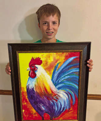 Jeff Sebes shows off his rooster painting, which was an Open Class grand champion at this year’s Sedgwick County Fair. Contributed photo