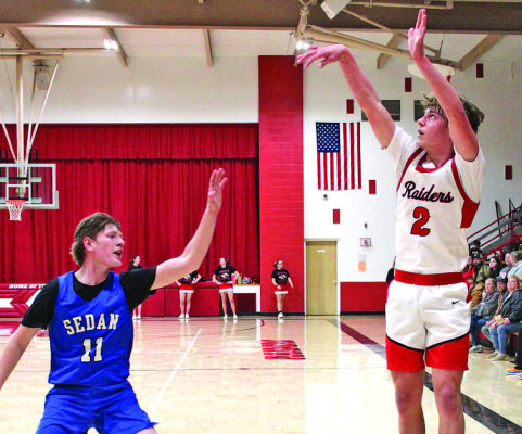 Maddex Hemberger puts up a 3-point shot during last Friday’s home win over Sedan. Contributed photo/Argonia High School