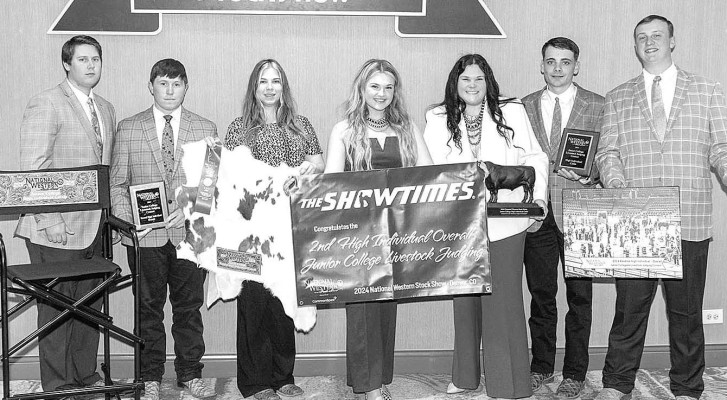 Greta Rosenhagen and the sophomore team at Fort Scott Community College competed recently at the National Western Stock Show in Denver. Rosenhagen is pictured in the center. Contributed photo