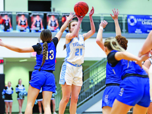 Eisenhower’s Reagan Best shoots over the reach of Goddard’s Sydney Healy during last Friday’s game. The visiting Lions won by 5 points over the host Lions. Matt Bucher/Ginger Viking Fotos